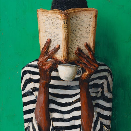 Πίνακας σε Καμβά AFROCENTRIC WOMAN HIDING BEHIND BOOK GREEN -  Sticky 5