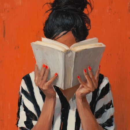 Πίνακας σε Καμβά AFROCENTRIC WOMAN HIDING BEHIND BOOK ORANGE -  Sticky 5