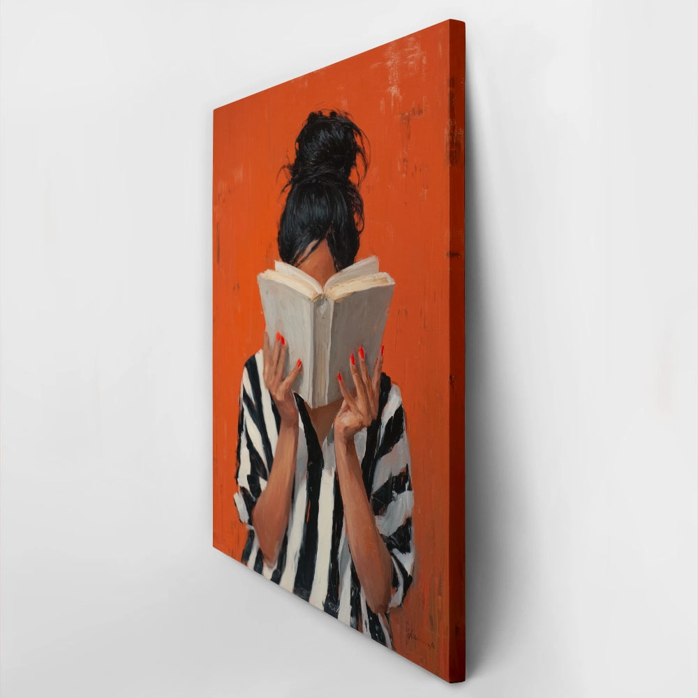 Πίνακας σε Καμβά AFROCENTRIC WOMAN HIDING BEHIND BOOK ORANGE
