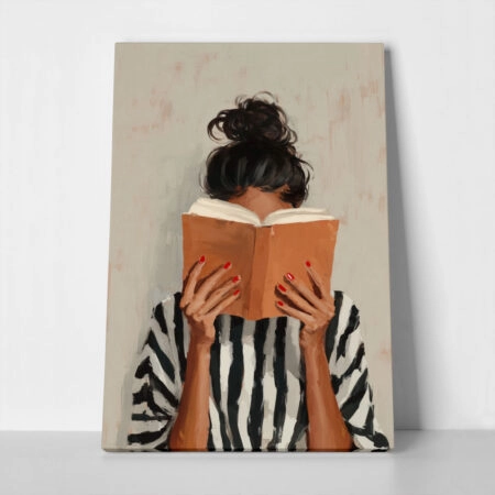 Πίνακας σε Καμβά AFROCENTRIC WOMAN HIDING BEHIND BOOK WHITE