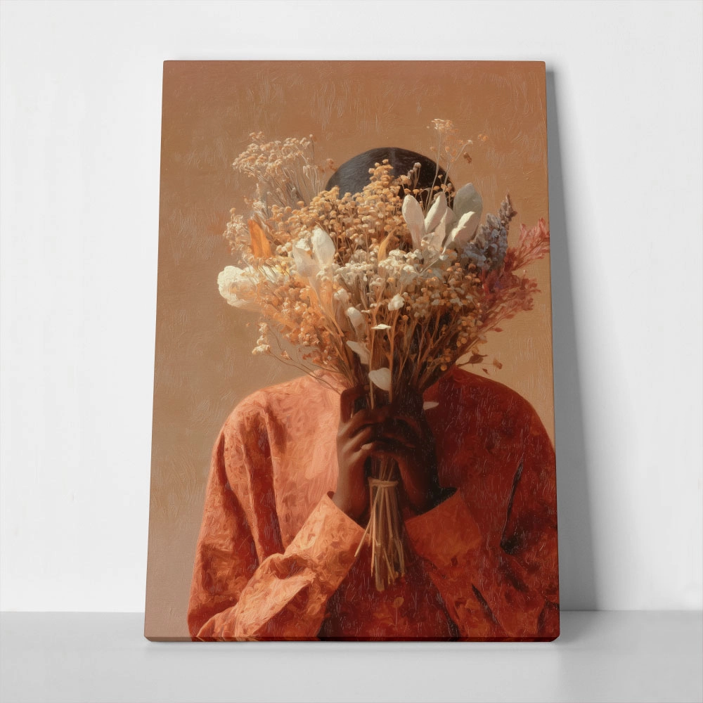 Πίνακας σε Καμβά AFROCENTRIC WOMAN HIDING BEHIND BOUQUET