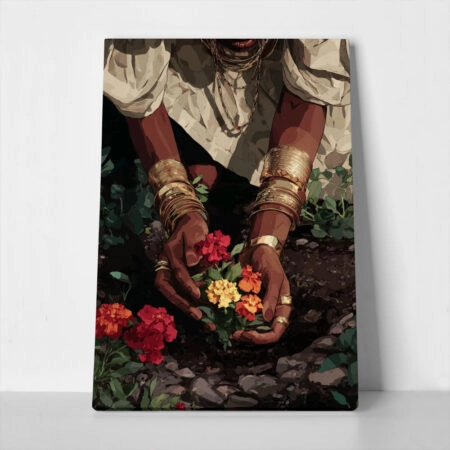 Πίνακας σε Καμβά AFROCENTRIC WOMAN PICKING FLOWERS