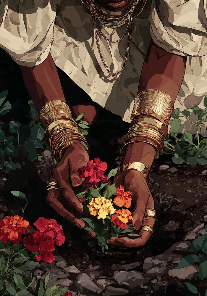 Πίνακας σε Καμβά AFROCENTRIC WOMAN PICKING FLOWERS