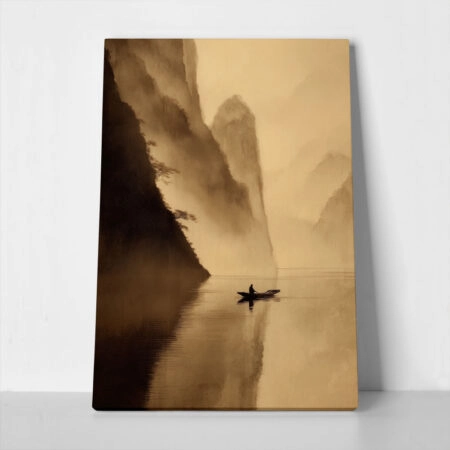 Πίνακας σε Καμβά BOAT IN MISTY MOUNTAIN LAKE - 