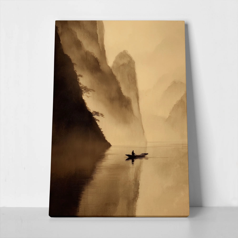 Πίνακας σε Καμβά BOAT IN MISTY MOUNTAIN LAKE