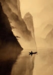 Πίνακας σε Καμβά BOAT IN MISTY MOUNTAIN LAKE