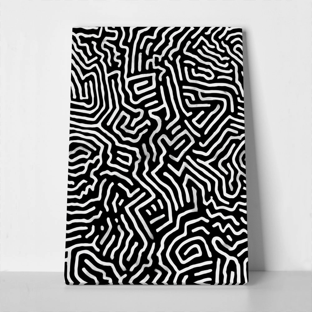 Πίνακας σε Καμβά BOHO BLACK & WHITE CHAOTIC TANGLED LINES