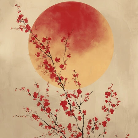 Πίνακας σε Καμβά RED CHERRY BLOSSOMS WITH SUN -  Sticky 5