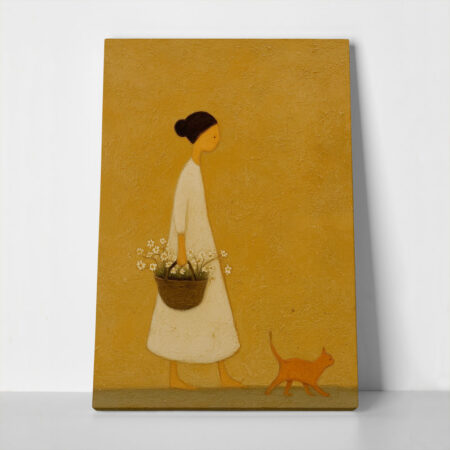Πίνακας σε Καμβά WOMAN WITH FLOWER BASKET AND CAT