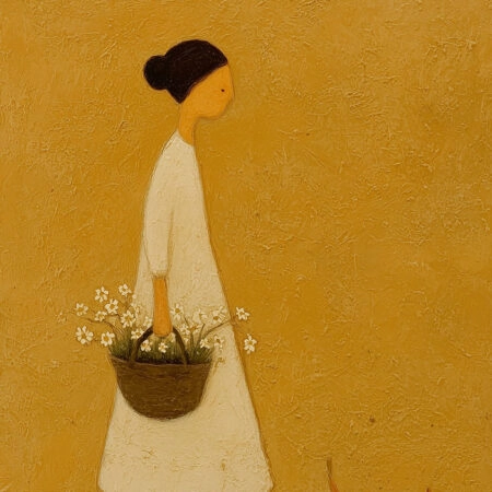 Πίνακας σε Καμβά WOMAN WITH FLOWER BASKET AND CAT -  Sticky 5