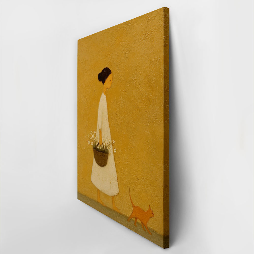 Πίνακας σε Καμβά WOMAN WITH FLOWER BASKET AND CAT
