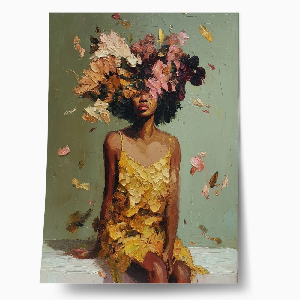 Poster AFROCENTRIC WOMAN FLOWERS BRUSH STROKES GREEN