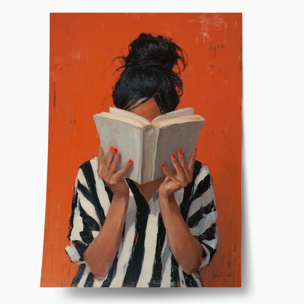 Poster AFROCENTRIC WOMAN HIDING BEHIND BOOK ORANGE
