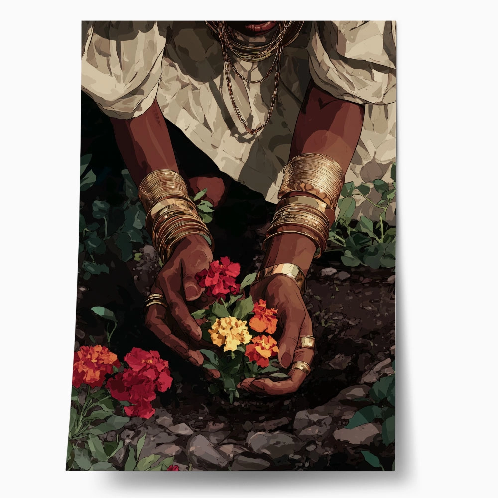 Poster AFROCENTRIC WOMAN PICKING FLOWERS