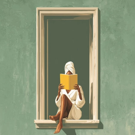 Poster AFROCENTRIC WOMAN READING ON WINDOW -  Sticky 2