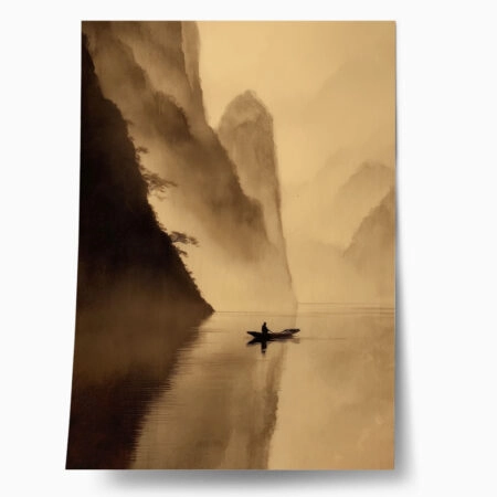 Poster BOAT IN MISTY MOUNTAIN LAKE - 