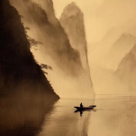 Poster BOAT IN MISTY MOUNTAIN LAKE -  Sticky 2