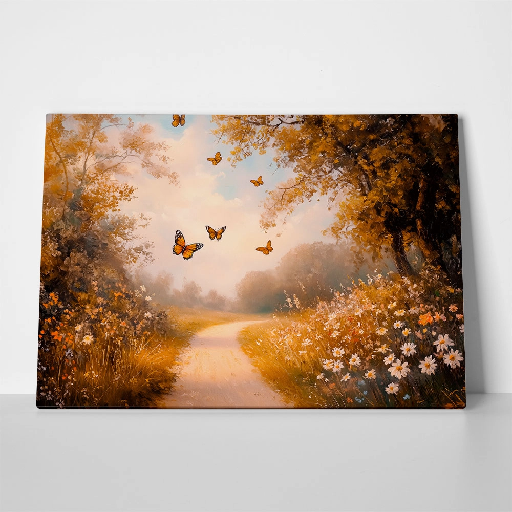 Πίνακας σε Καμβά VINTAGE PASTEL BUTTERFLIES FOREST PATH 2