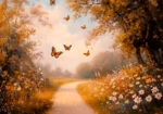 Πίνακας σε Καμβά VINTAGE PASTEL BUTTERFLIES FOREST PATH 2