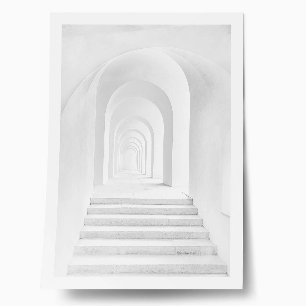Poster BLACK AND WHITE ARCHITECTURAL ARCHWAY CORRIDOR WITH STAIRS