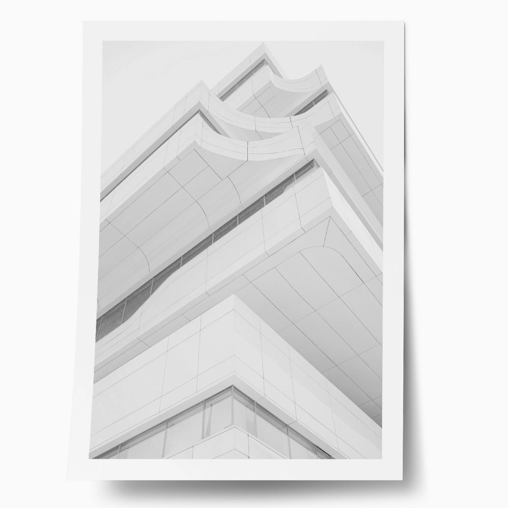 Poster BLACK AND WHITE ARCHITECTURAL GEOMETRIC APARTMENTS LOW ANGLE BALCONIES