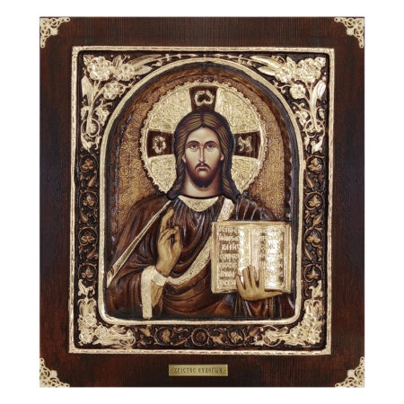 ΞΥΛΙΝΗ ΕΙΚΟΝΑ -ΧΡΙΣΤΟΣ ΕΥΛΟΓΩΝ (ΜΕ ΠΛΑΙΣΙΟ)- ΑΝΑΓΛΥΦΗ ΜΕ ΦΥΛΛΑ ΧΡΥΣΟΥ - 32x36.5cm - Κασπω