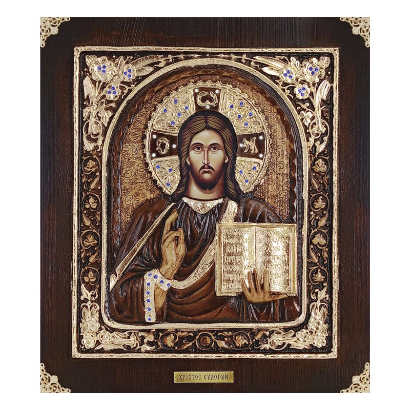 ΞΥΛΙΝΗ ΕΙΚΟΝΑ -ΧΡΙΣΤΟΣ ΕΥΛΟΓΩΝ (ΜΕ ΠΛΑΙΣΙΟ)- ΑΝΑΓΛΥΦΗ ΜΕ ΦΥΛΛΑ ΧΡΥΣΟΥ & ΠΕΤΡΕΣ ΖΙΡΓΚΟΝ - 32x36.5cm