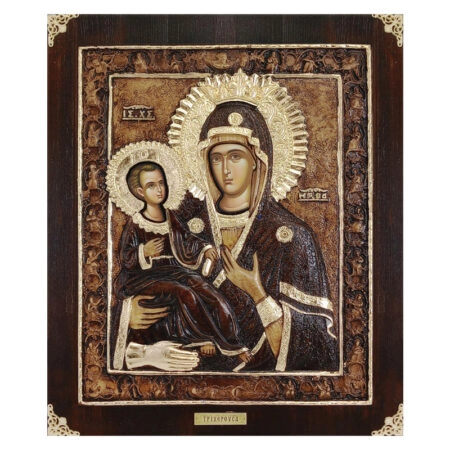ΞΥΛΙΝΗ ΕΙΚΟΝΑ -ΠΑΝΑΓΙΑ ΤΡΙΧΕΡΟΥΣΑ- ΑΝΑΓΛΥΦΗ ΜΕ ΦΥΛΛΑ ΧΡΥΣΟΥ - 33x39cm - Κασπω