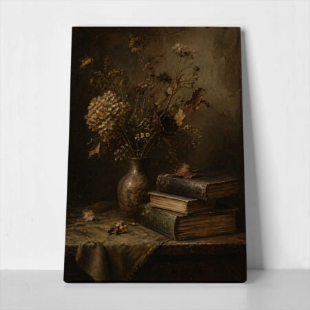 Πίνακας σε Καμβά VINTAGE DARK ACADEMIA BOOKS AND DRIED FLOWERS - Vintage