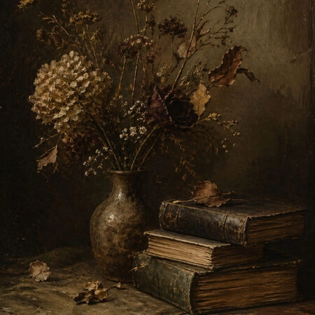 Πίνακας σε Καμβά VINTAGE DARK ACADEMIA BOOKS AND DRIED FLOWERS - Vintage Sticky 5