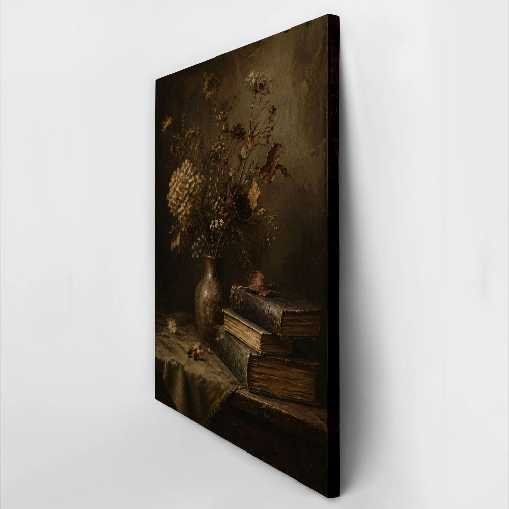 Πίνακας σε Καμβά VINTAGE DARK ACADEMIA BOOKS AND DRIED FLOWERS