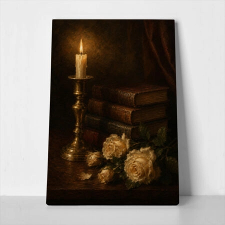 Πίνακας σε Καμβά VINTAGE DARK ACADEMIA BOOKS AND ROSES 2 - Vintage