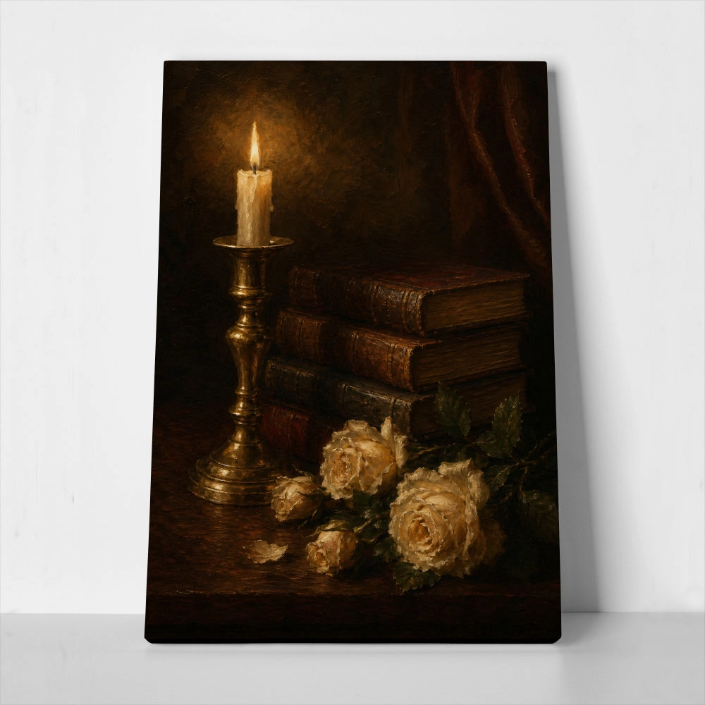 Πίνακας σε Καμβά VINTAGE DARK ACADEMIA BOOKS AND ROSES 2