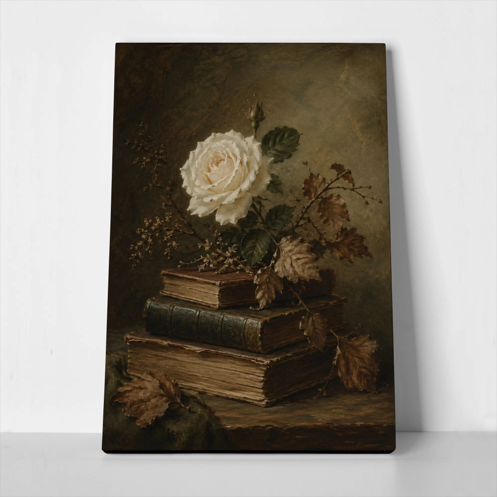 Πίνακας σε Καμβά VINTAGE DARK ACADEMIA BOOKS AND ROSES 3