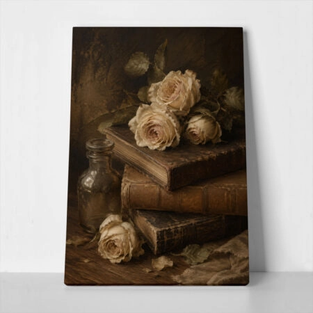 Πίνακας σε Καμβά VINTAGE DARK ACADEMIA BOOKS AND ROSES - 