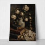 Πίνακας σε Καμβά VINTAGE DARK ACADEMIA BOOKS AND VASE