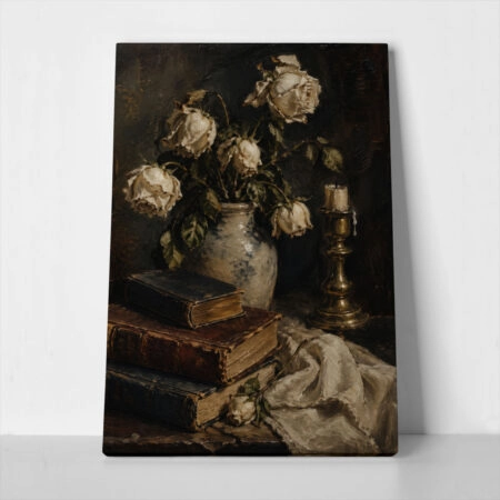 Πίνακας σε Καμβά VINTAGE DARK ACADEMIA BOOKS AND VASE - Vintage