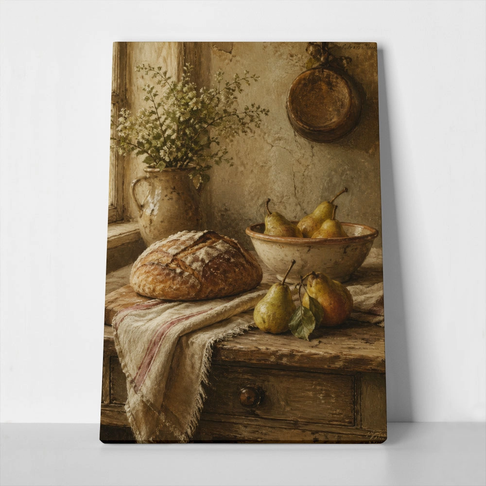 Πίνακας σε Καμβά VINTAGE DARK ACADEMIA BREAD AND PEARS