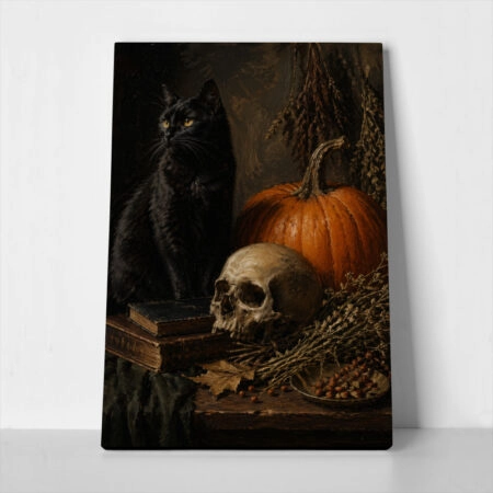 Πίνακας σε Καμβά VINTAGE DARK ACADEMIA CAT AND SKULL - 