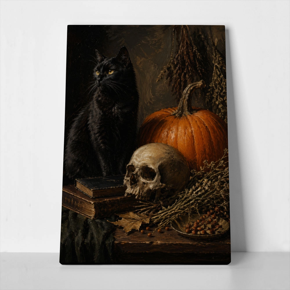 Πίνακας σε Καμβά VINTAGE DARK ACADEMIA CAT AND SKULL