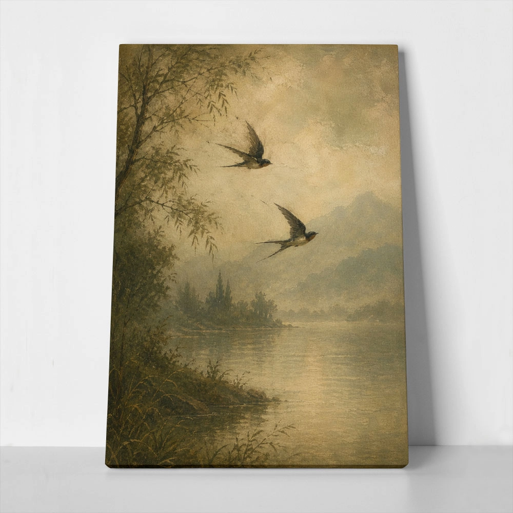 Πίνακας σε Καμβά VINTAGE DARK ACADEMIA FLYING BIRDS