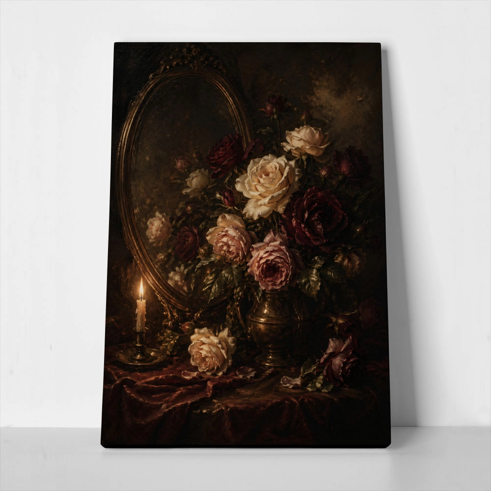 Πίνακας σε Καμβά VINTAGE DARK ACADEMIA MIRROR AND ROSES