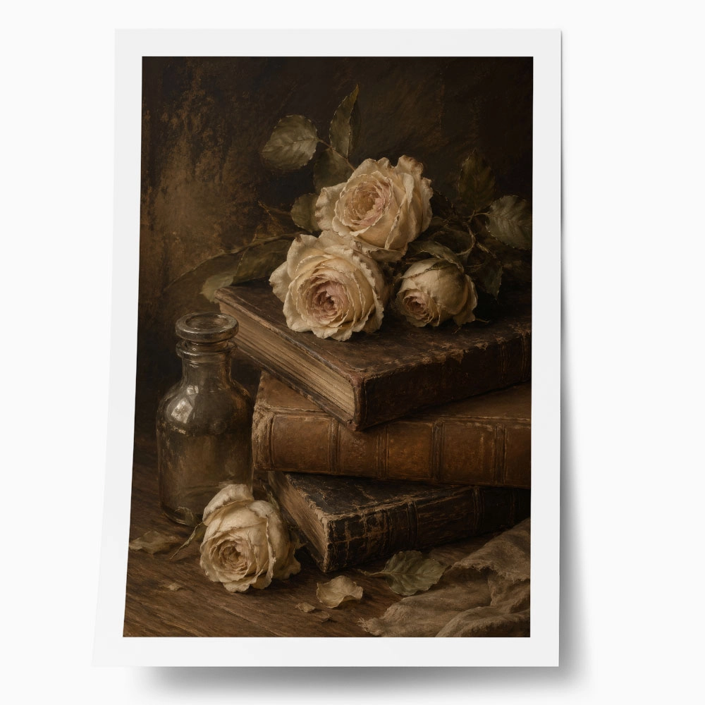 Poster VINTAGE DARK ACADEMIA BOOKS AND ROSES