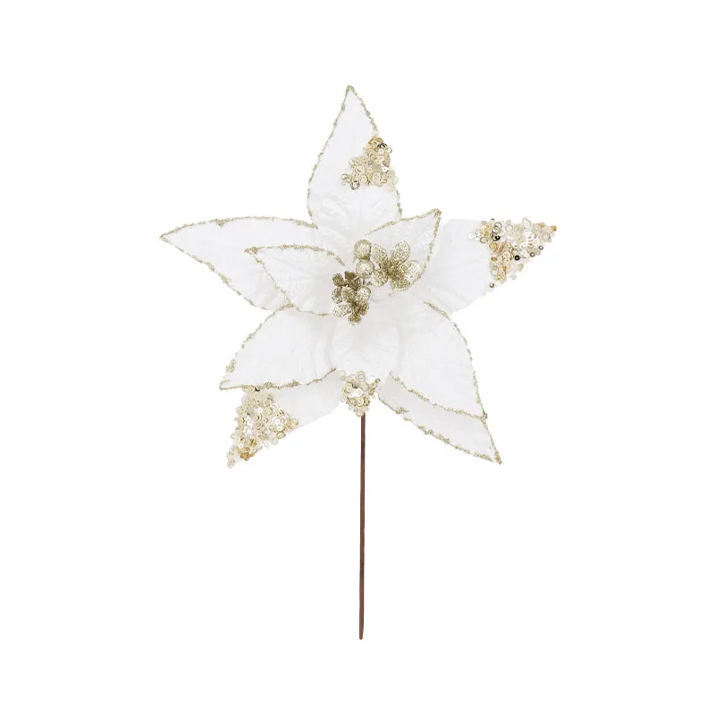 Christmas poinsettia branch white/gold with sequins - Φ30cm H30cm 360/BOX