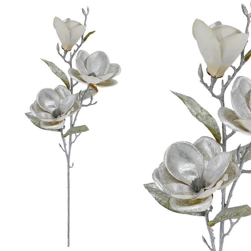MAGNOLIA BRANCH, SILVER METALLIC, 3 FLOWERS - Ø16x95cm 8/48KIB