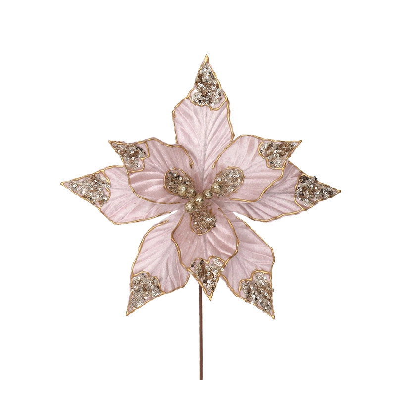 Christmas branch pastel pink velvet poinsettia with gold border & glitter - Φ30x30cm 60/360BOX
