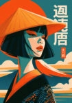 Πίνακας σε Καμβά JAPANESE WOMAN TIHE STRAW HAT