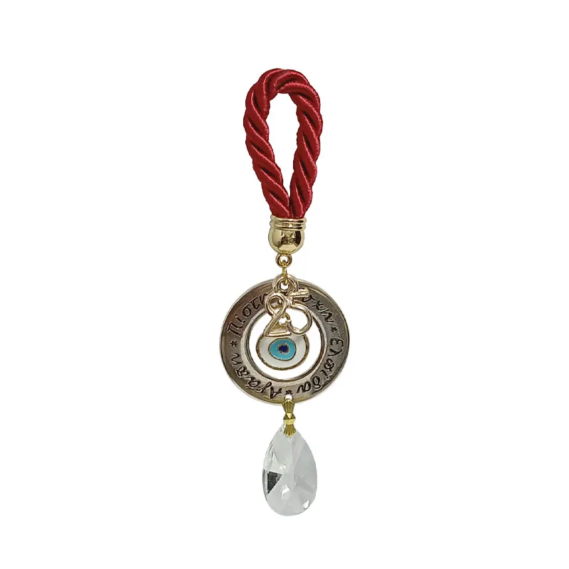 Decorative Hanging Charm Red Cord/ Circle Wishes Gold with Eye & Crystal - H12cm