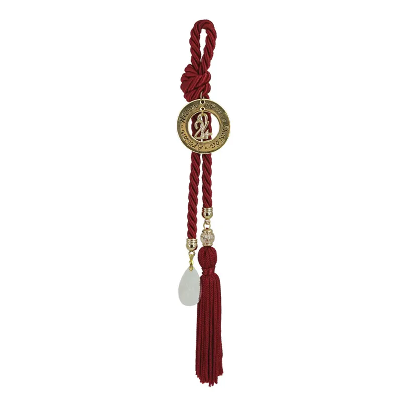Hanging charm, red cord, circle wishes gold, crystal - H24cm