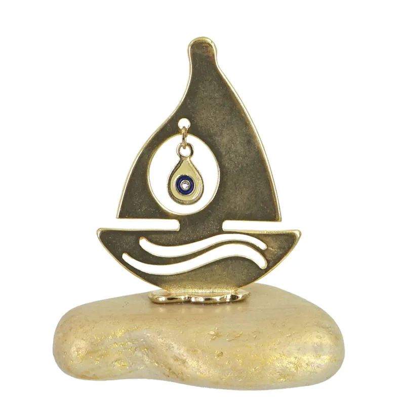 TABLE LUCKY CHARM ON GOLDEN STONE - BOAT TEARDROP EYE GOLD - H10cm